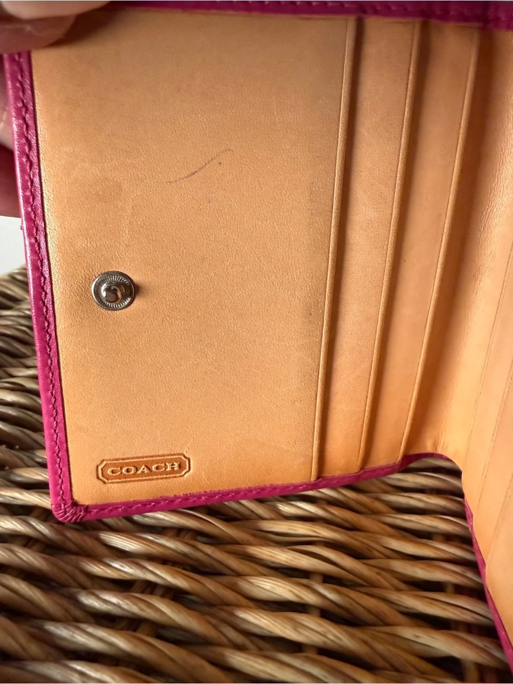 Vintage Coach Pink Signature Canvas Compact Wallet with Stripe Detail